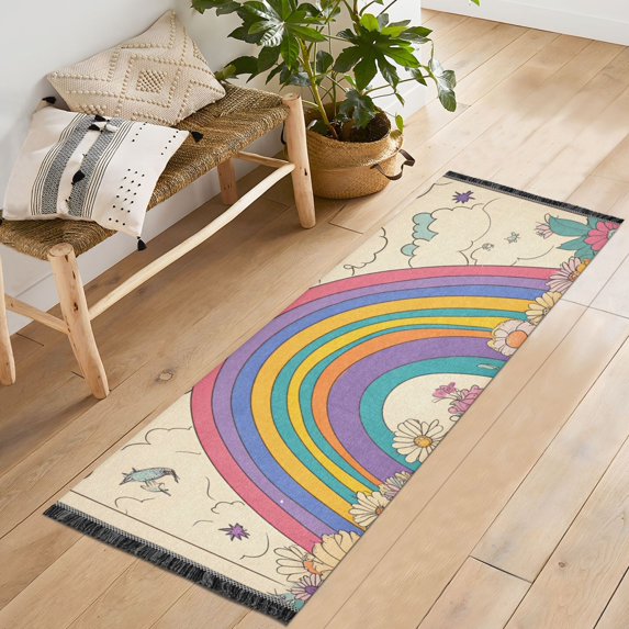 Yayeee Runner Rug for Bedroom 2'x6' Machine Washable Hallway Non Slip Mat, Beige Rainbow