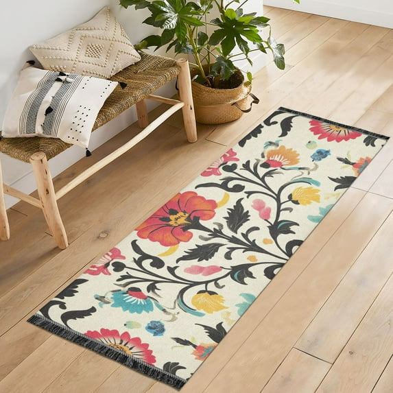 Yayeee Runner Rug for Bedroom 2'x6' Machine Washable Hallway Non Slip Mat, Beige Red Floral