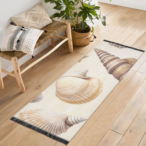 Yayeee Runner Rug for Bedroom 2'x6' Machine Washable Hallway Non Slip Mat, Beige Watercolor Seashells