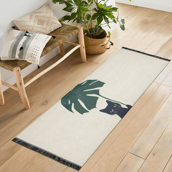 Yayeee Runner Rug for Bedroom 2'x6' Machine Washable Hallway Non Slip Mat, Black Cat Plants