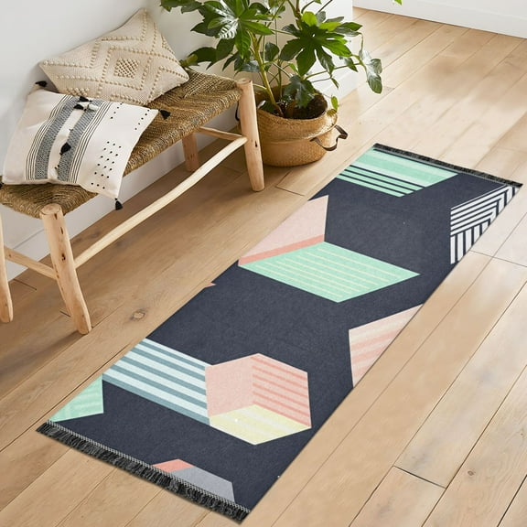 Yayeee Runner Rug for Bedroom 2'x6' Machine Washable Hallway Non Slip Mat, Black Cubes