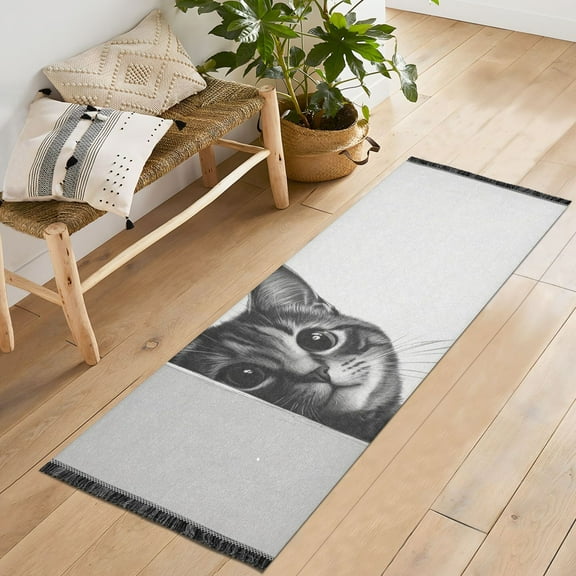 Yayeee Runner Rug for Bedroom 2'x6' Machine Washable Hallway Non Slip Mat, Black Cute Cat