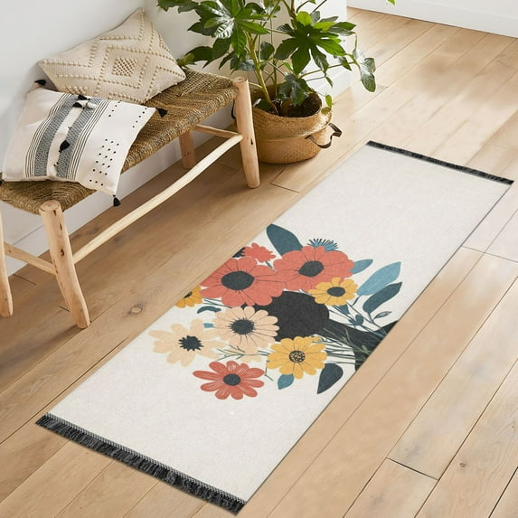 Yayeee Runner Rug for Bedroom 2'x6' Machine Washable Hallway Non Slip Mat, Black Flowers
