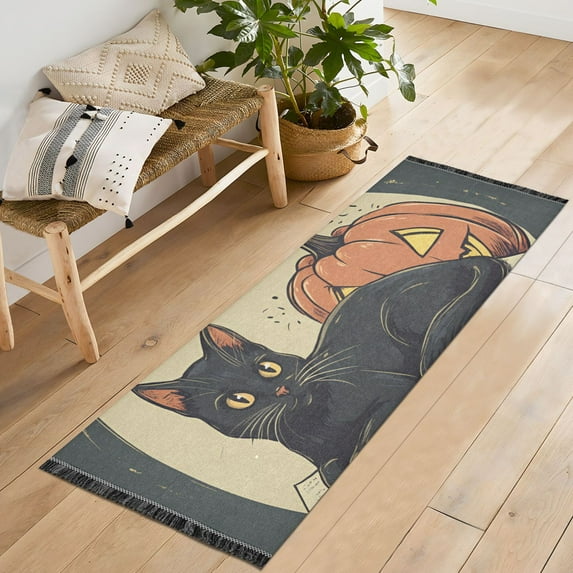 Yayeee Runner Rug for Bedroom 2'x6' Machine Washable Hallway Non Slip Mat, Black Halloween Cat