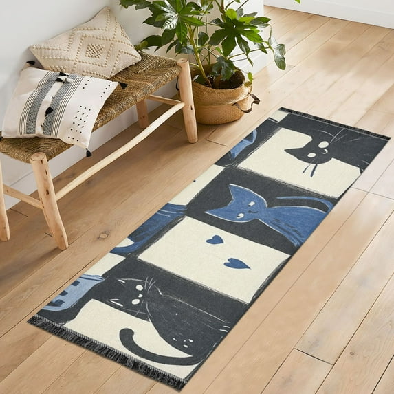 Yayeee Runner Rug for Bedroom 2'x6' Machine Washable Hallway Non Slip Mat, Black and Blue Cat