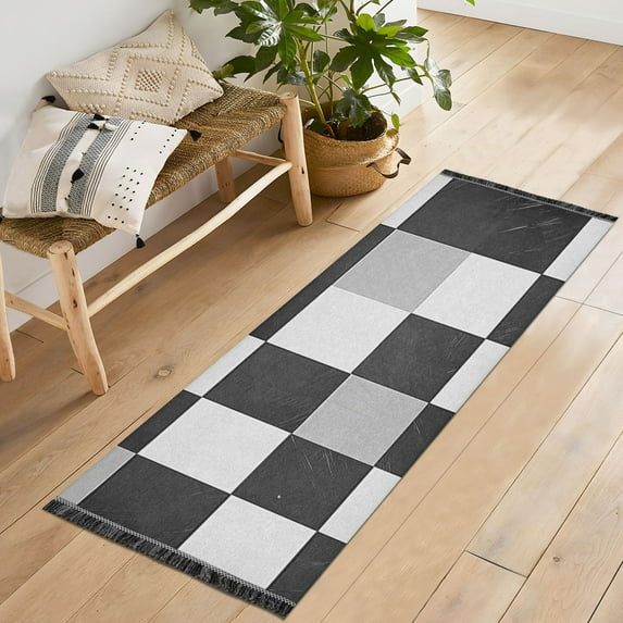 Yayeee Runner Rug for Bedroom 2'x6' Machine Washable Hallway Non Slip Mat, Black and Gray Plaid Pattern
