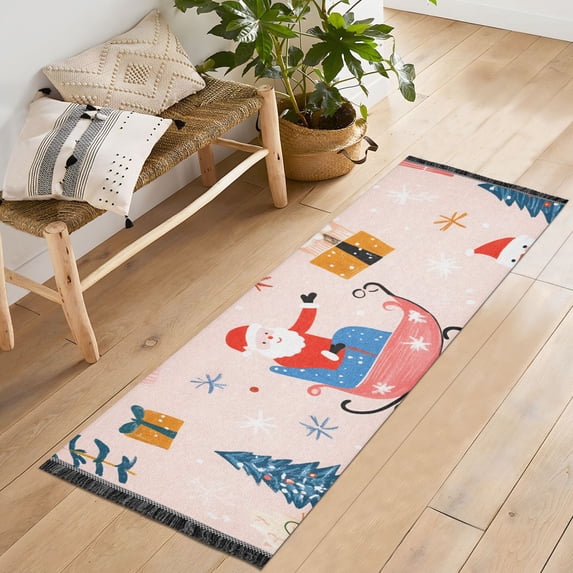 Yayeee Runner Rug for Bedroom 2'x6' Machine Washable Hallway Non Slip Mat, Blue Christmas Santa