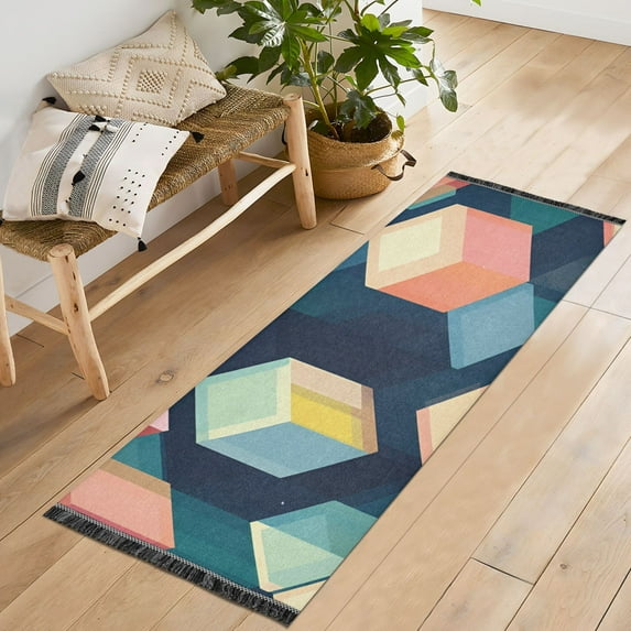 Yayeee Runner Rug for Bedroom 2'x6' Machine Washable Hallway Non Slip Mat, Blue Cubes