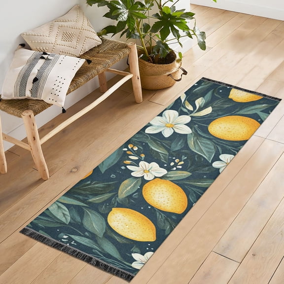 Yayeee Runner Rug for Bedroom 2'x6' Machine Washable Hallway Non Slip Mat, Blue Floral Lemons
