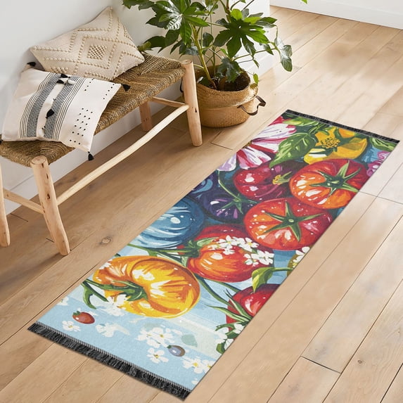 Yayeee Runner Rug for Bedroom 2'x6' Machine Washable Hallway Non Slip Mat, Blue Floral Tomatoes