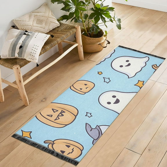 Yayeee Runner Rug for Bedroom 2'x6' Machine Washable Hallway Non Slip Mat, Blue Halloween Ghosts