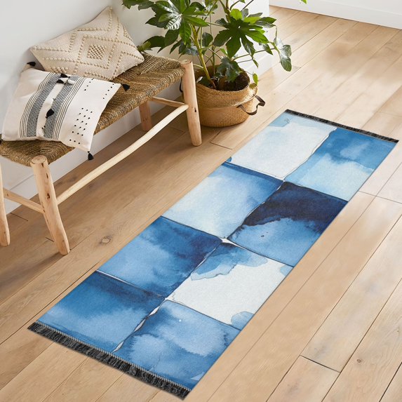 Yayeee Runner Rug for Bedroom 2'x6' Machine Washable Hallway Non Slip Mat, Blue Pattern