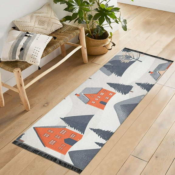 Yayeee Runner Rug for Bedroom 2'x6' Machine Washable Hallway Non Slip Mat, Blue Snow Houses