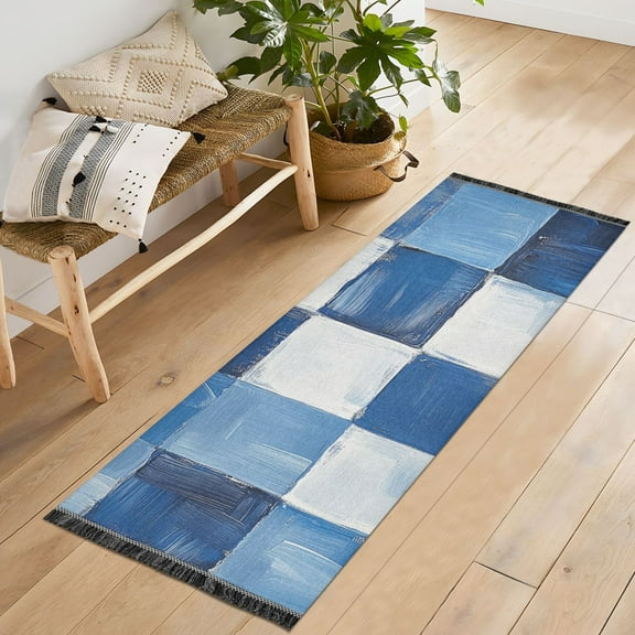 Yayeee Runner Rug for Bedroom 2'x6' Machine Washable Hallway Non Slip Mat, Blue and Gray Plaid Pattern