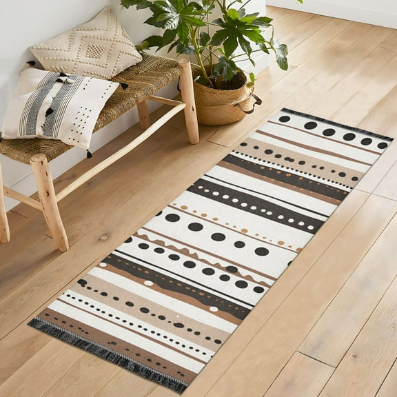 Yayeee Runner Rug for Bedroom 2'x6' Machine Washable Hallway Non Slip Mat, Brown Abstract Stripes