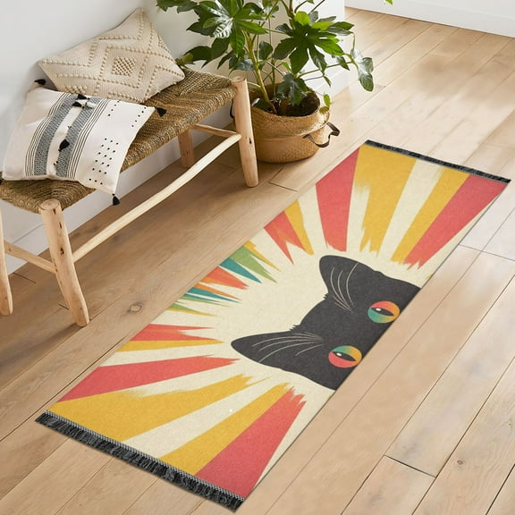 Yayeee Runner Rug for Bedroom 2'x6' Machine Washable Hallway Non Slip Mat, Colorful Black Cat