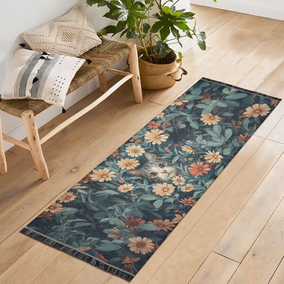 Yayeee Runner Rug for Bedroom 2'x6' Machine Washable Hallway Non Slip Mat, Flowers Cat
