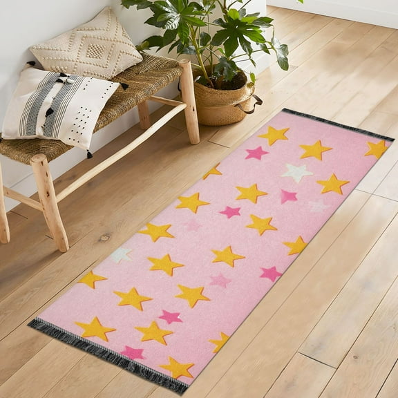 Yayeee Runner Rug for Bedroom 2'x6' Machine Washable Hallway Non Slip Mat, Gradient Pink Stars