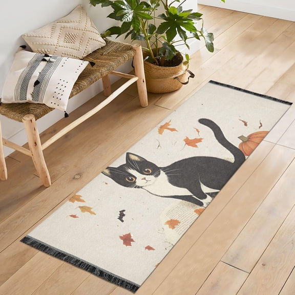 Yayeee Runner Rug for Bedroom 2'x6' Machine Washable Hallway Non Slip Mat, Gray Cartoon Halloween Cat