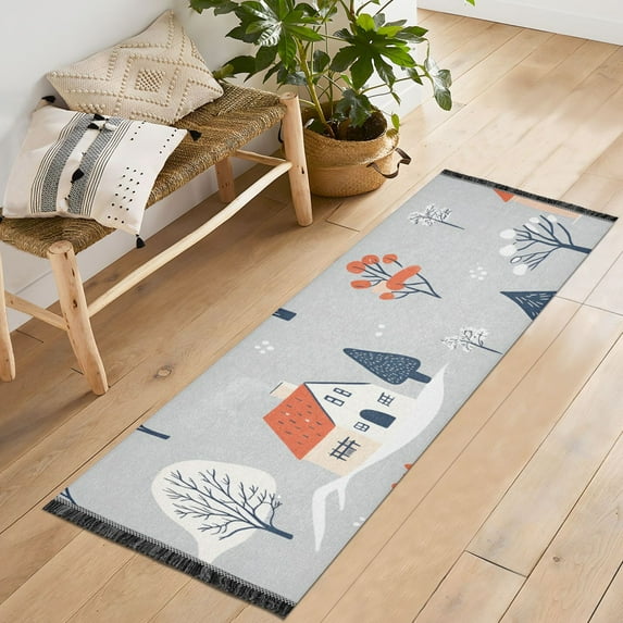 Yayeee Hallway Runner Rug 2'x6' Non Slip Machine Washable with Rubber Backing, Gray Cartoon Houses