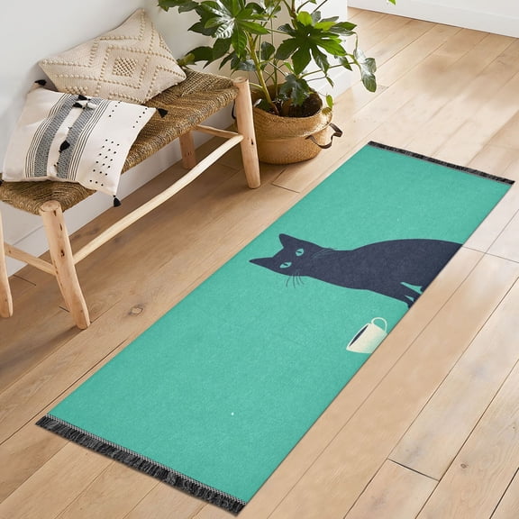 Yayeee Hallway Runner Rug 2'x6' Non Slip Machine Washable with Rubber Backing, Green Cat