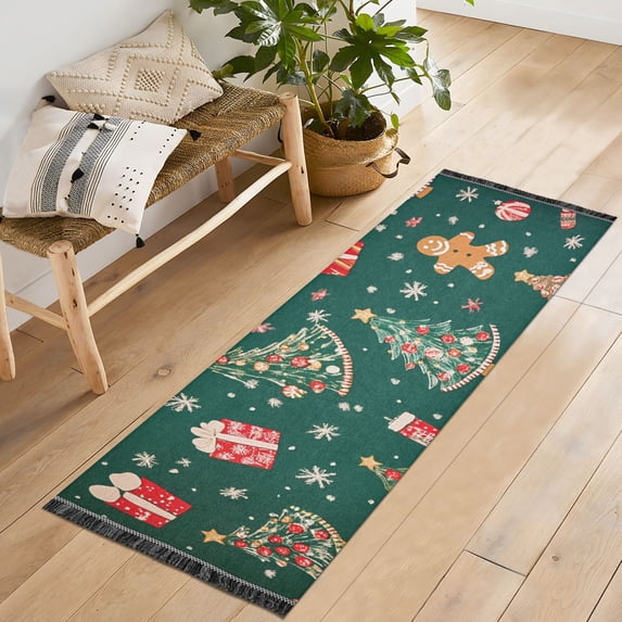 Yayeee Runner Rug for Bedroom 2'x6' Machine Washable Hallway Non Slip Mat, Green Christmas Gingerbread