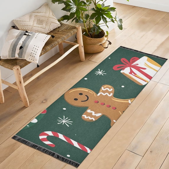 Yayeee Runner Rug for Bedroom 2'x6' Machine Washable Hallway Non Slip Mat, Green Christmas Gingerbread