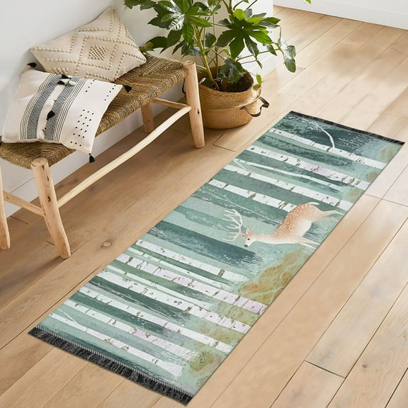 Yayeee Runner Rug for Bedroom 2'x6' Machine Washable Hallway Non Slip Mat, Green Deer