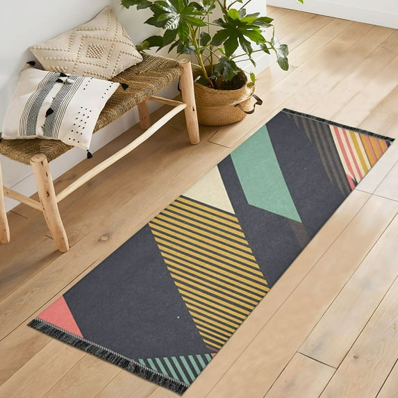 Yayeee Runner Rug for Bedroom 2'x6' Machine Washable Hallway Non Slip Mat, Green Geometric
