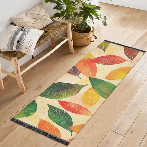 Yayeee Runner Rug for Bedroom 2'x6' Machine Washable Hallway Non Slip Mat, Green Retro Autumn Leaves