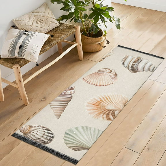 Yayeee Runner Rug for Bedroom 2'x6' Machine Washable Hallway Non Slip Mat, Green Watercolor Seashells