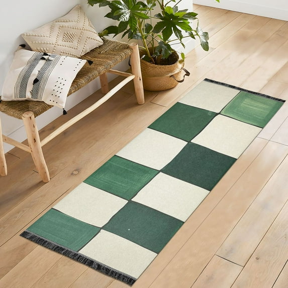 Yayeee Hallway Runner Rug 2'x6' Non Slip Machine Washable with Rubber Backing, Green and White Plaid Pattern