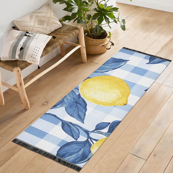 Yayeee Runner Rug for Bedroom 2'x6' Machine Washable Hallway Non Slip Mat, Light Blue Lemon