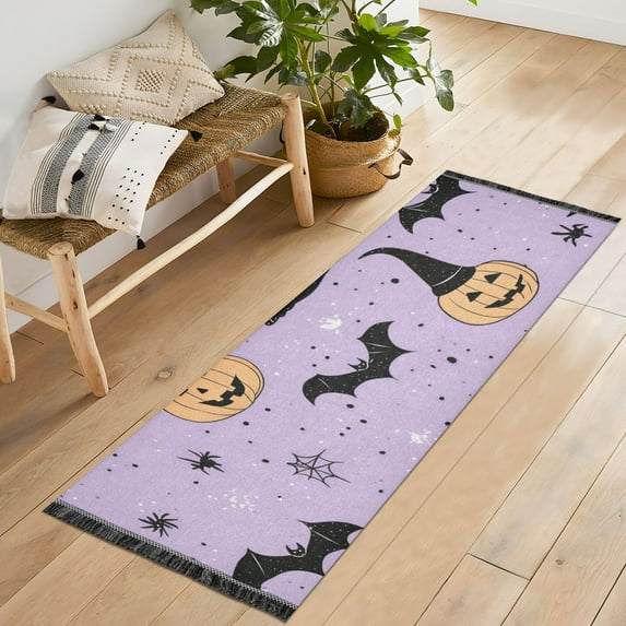 Yayeee Hallway Runner Rug 2'x6' Non Slip Machine Washable with Rubber Backing, Light Purple Halloween Black Cat