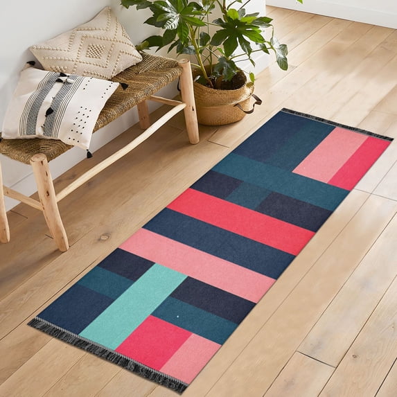 Yayeee Runner Rug for Bedroom 2'x6' Machine Washable Hallway Non Slip Mat, Navy Blue Stripes