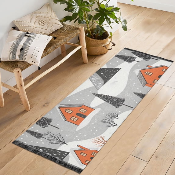 Yayeee Hallway Runner Rug 2'x6' Non Slip Machine Washable with Rubber Backing, Orange Cartoon Houses