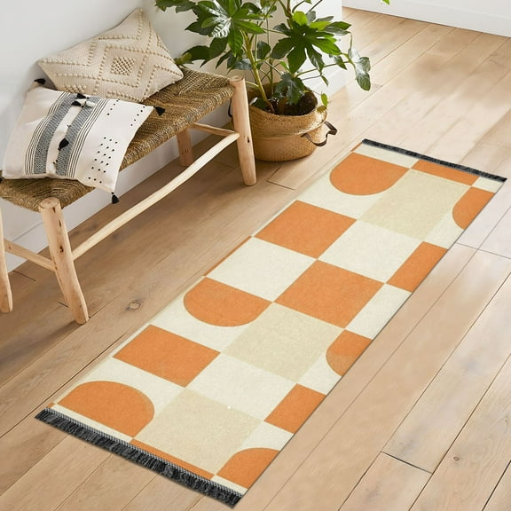 Yayeee Hallway Runner Rug 2'x6' Non Slip Machine Washable with Rubber Backing, Orange Checkered Pattern