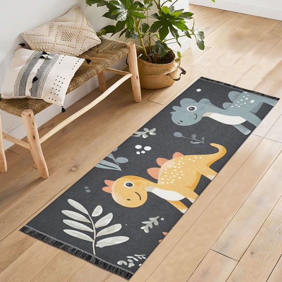 Yayeee Runner Rug for Bedroom 2'x6' Machine Washable Hallway Non Slip Mat, Orange Dinosaur