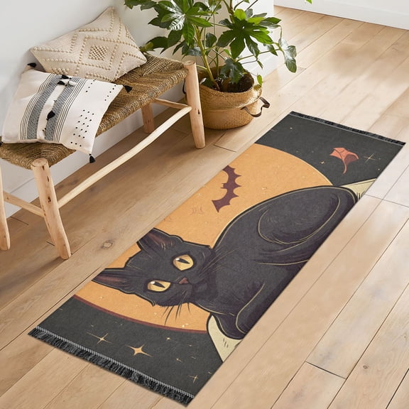 Yayeee Runner Rug for Bedroom 2'x6' Machine Washable Hallway Non Slip Mat, Orange Halloween Cat