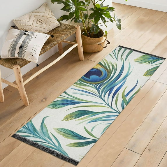 Yayeee Runner Rug for Bedroom 2'x6' Machine Washable Hallway Non Slip Mat, Peacock Feather