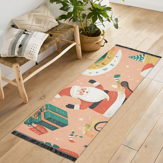 Yayeee Runner Rug for Bedroom 2'x6' Machine Washable Hallway Non Slip Mat, Pink Christmas Santa