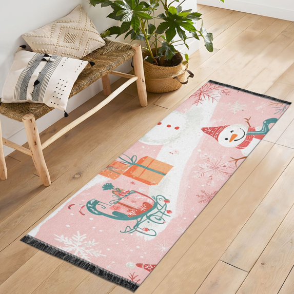 Yayeee Runner Rug for Bedroom 2'x6' Machine Washable Hallway Non Slip Mat, Pink Christmas Snowman
