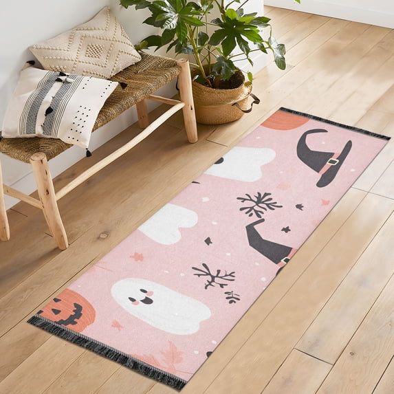 Yayeee Runner Rug for Bedroom 2'x6' Machine Washable Hallway Non Slip Mat, Pink Halloween Ghosts