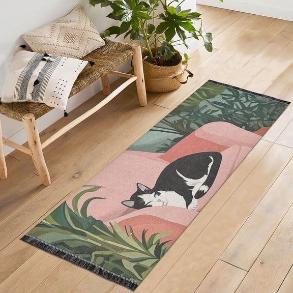 Yayeee Runner Rug for Bedroom 2'x6' Machine Washable Hallway Non Slip Mat, Pink Sleeping Cat