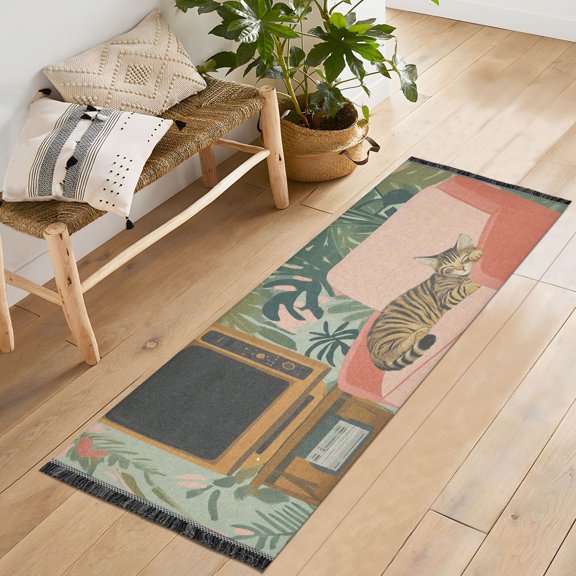 Yayeee Runner Rug for Bedroom 2'x6' Machine Washable Hallway Non Slip Mat, Pink and Green Cat