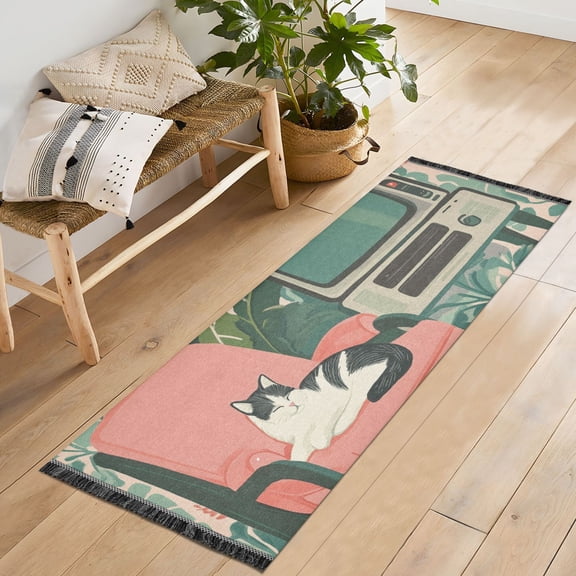 Yayeee Runner Rug for Bedroom 2'x6' Machine Washable Hallway Non Slip Mat, Pink and White Cat