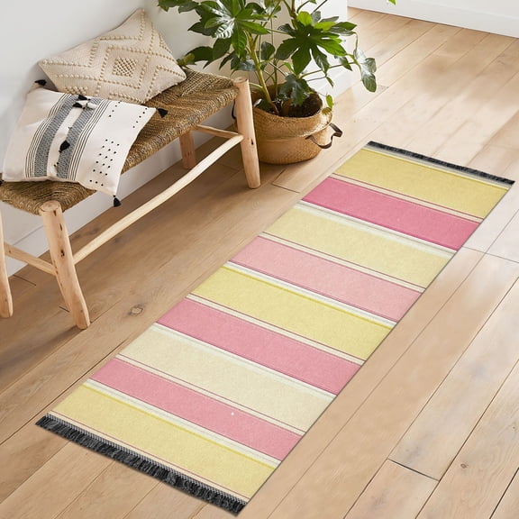 Yayeee Runner Rug for Bedroom 2'x6' Machine Washable Hallway Non Slip Mat, Pink and Yellow Striped Pattern