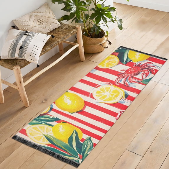 Yayeee Runner Rug for Bedroom 2'x6' Machine Washable Hallway Non Slip Mat, Red Striped Lemon