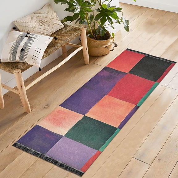 Yayeee Runner Rug for Bedroom 2'x6' Machine Washable Hallway Non Slip Mat, Red and Purple Plaid Pattern