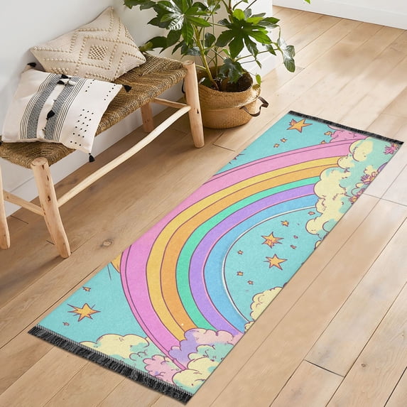 Yayeee Runner Rug for Bedroom 2'x6' Machine Washable Hallway Non Slip Mat, Retro Blue Rainbow